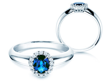 Engagement ring Windsor in 14K white gold with sapphire 0.60ct and diamonds 0.12ct