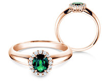 Engagement ring Windsor in 14K rosé gold with emerald 0.60ct and diamonds 0.12ct