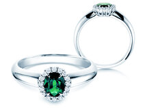 Engagement ring Windsor in 14K white gold with emerald 0.60ct and diamonds 0.12ct