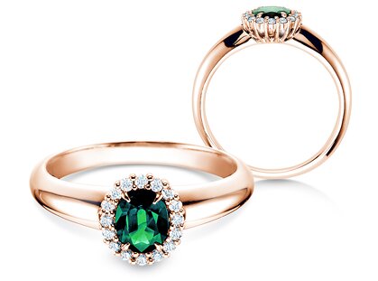 Engagement ring Windsor in 14K rosé gold with emerald 0.60ct and diamonds 0.12ct