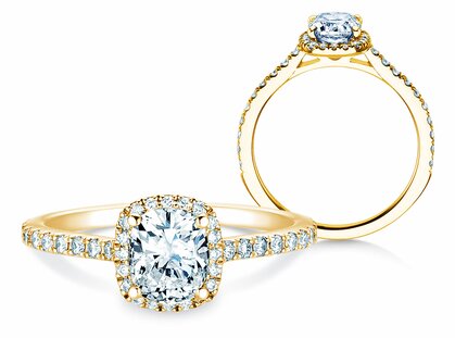 Engagement ring Halo Cushion Pavé in 14K yellow gold with diamonds 0.50ct G/SI